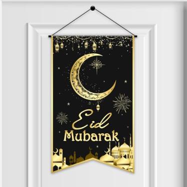Imagem de Eid Mubarak Placa de porta suspensa EID Placa decorativa para pendurar decorações de festa Faixa de lanterna de lua dourada preta para Ramadã Kareem Eid Mubarak Decoração de casa Happy EID Suprimentos de festa Favor