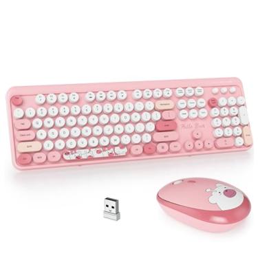 Imagem de GTSP Combo de teclado rosa para máquina de escrever sem fio, teclado fofo 2,4 G teclado retrô de tamanho completo com teclas redondas para laptop, PC, desktops (rosa)