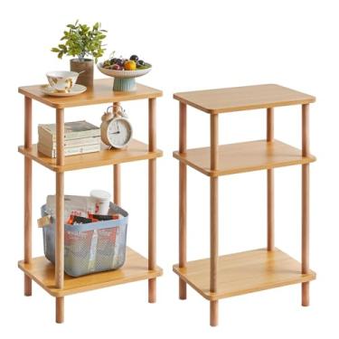 Imagem de Kosmeey Pacote com 2 mesas laterais de madeira, mesas estreitas de 3 camadas, mesa de sofá Burlywood para sala de estar, mesa de canto pequena Boho com prateleiras de armazenamento de 3 camadas para