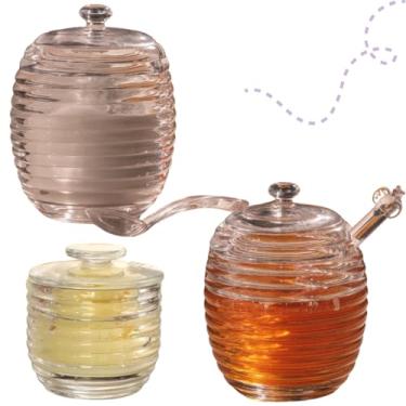 Imagem de Kit Açucareiro, Meleira, e Manteigueira em Vidro Design Colmeia Elegante p/ Mesa Posta Café Manhã Sofisticado Resistentes e Decorativos 3 Peças