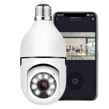 Imagem de Câmera de Segurança Wi-Fi Externa 1080P, Lâmpada E27, Visão Noturna Infravermelho, 360°, Prova D'água, Branco e Preto