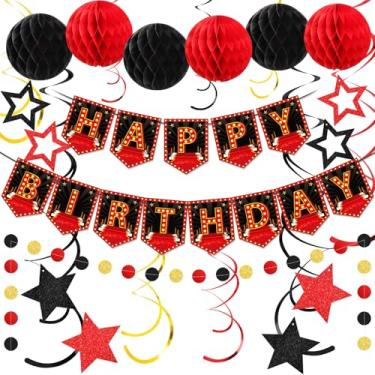 Imagem de Soulchen 24 peças com tema de noite de cinema, decoração de faixa de feliz aniversário, material de festa de cinema noturno, espirais pendurados em colmeia para casa, filme, festa de aniversário