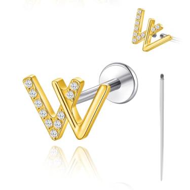 Imagem de limerencia Piercing corporal de titânio 18G, brinco de rosca interna com costas planas tragus helix cartilagem concha medusa brinco para mulheres e homens, 1 peça (dourado, W)