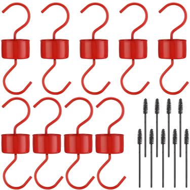 Imagem de Otoolling 9 conjuntos de fosso de formiga de metal para alimentadores de beija-flor, protetor de formigas, 9 ganchos com 9 escovas para alimentadores de néctar (vermelho)