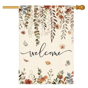 Imagem de Tikeciti Bandeira de jardim de boas-vindas floral de eucalipto de outono 71 x 101 cm dupla face, outono ação de graças flor estopa grande quintal casa bandeira fazenda sazonal feriado pátio exterior