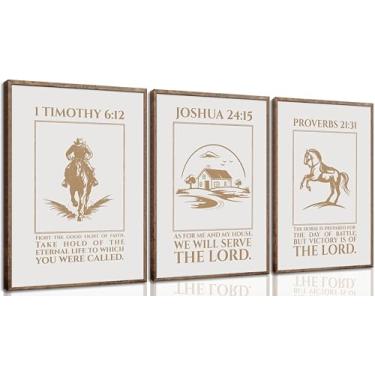 Imagem de XXOUYLQ 3 peças arte de parede cristã ocidental pintura escrituras inspiradoras cowboy pôsteres cristãos fé motivacional impressões de cavalo de guerra imagens bíblicas lona areia dourada Jesus