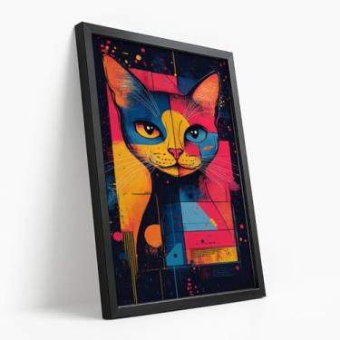 Imagem de Quadro Decorativo Gato Geométrico Colorido Com Moldura Arte Pop Pet Ilustração Moderna Colorida Olhar Estilizado Criativo Formas Abstratas