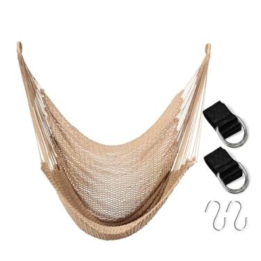 Imagem de Cadeira de rede grande com alças e ganchos para pendurar, cadeira de balanço de rede caribenha, XL cadeira de rede externa interna, capacidade de peso de 150 kg, marrom claro