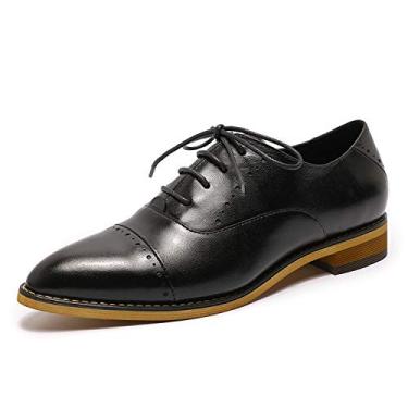 Imagem de Mona flying Sapato feminino de trabalho de couro com cadarço retrô Oxfords Brogue bico fino para mulheres, Preto, 40