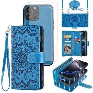 Imagem de Asuwish Capa de telefone para iPhone 16 Pro Max 17.5 cm carteira magnética destacável com protetor de tela alça transversal alça flip porta-cartão slot i Phone16 16Pro i16 ProMax 16ProMax azul
