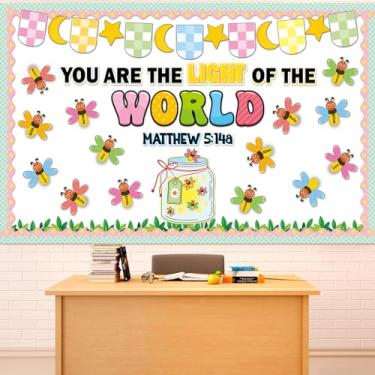 Imagem de Quadro de avisos religioso cristão, deixe sua luz brilhar, versículo bíblico, quadro de avisos, decorações de quadro de avisos, recortes de jarro de pedreiro, etiquetas de nome de vaga-lume para