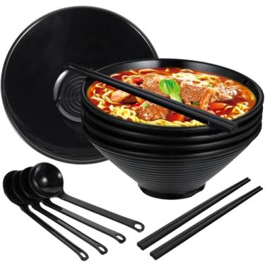 Imagem de Conjunto de 4 tigelas de ramen, tigelas grandes de melamina para sopa de macarrão estilo japonês com colheres e pauzinhos para ramen, pho, macarrão, pratos asiáticos preto, tigela grande para adultos