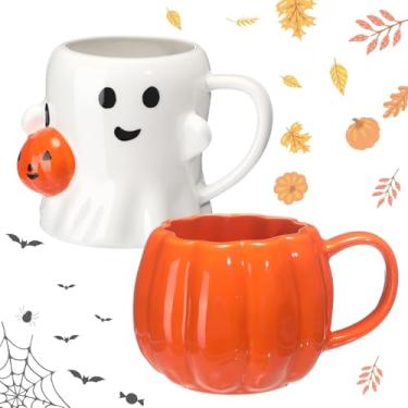 Imagem de LemonRoad 2 peças de canecas fofas de abóbora de 400 ml Happy Ghost Pumpkin Pattern Canecas de cerâmica 3D xícaras de café presentes para o Natal inverno chocolate quente cacau leite chá café amante