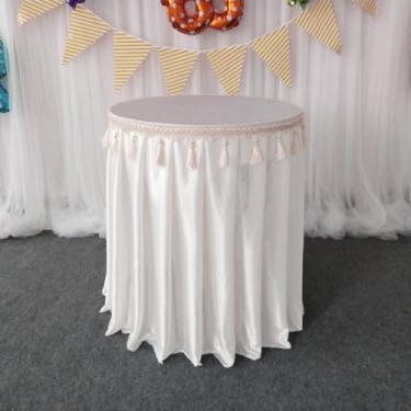 Imagem de Saia de mesa redonda com borlas e toalha de mesa de seda gelada para festa de casamento, chá de bebê, bolo de aniversário, saia de mesa, branca, D70 x A75 cm
