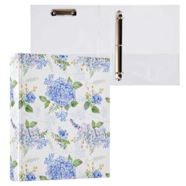 Imagem de Vuiyean Fichário de hortênsia azul roxo de 3 cm com prancheta e bolsos, lilás branco floral capa dura fichários 3 anéis, pasta de arquivo grande resistente para material escolar de escritório