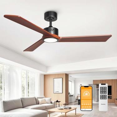 Imagem de DAMINY Ventilador de teto de madeira maciça natural de 132 cm com luz, 3 lâminas, 6CCT, ventilador de teto preto de baixo perfil com luz e controle remoto