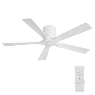 Imagem de ELEHINSER Ventilador de teto de perfil baixo de 132 cm sem luz, 5 lâminas de madeira maciça, 6 velocidades, motor CC silencioso, temporizador, ventilador de teto moderno sem luz com controle remoto