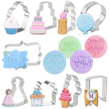 Imagem de Cortadores e carimbos de biscoito de feliz aniversário — Conjunto de 13 formas divertidas para crianças, aniversário, férias, cortadores de aço inoxidável com carimbos em relevo, perfeitos para