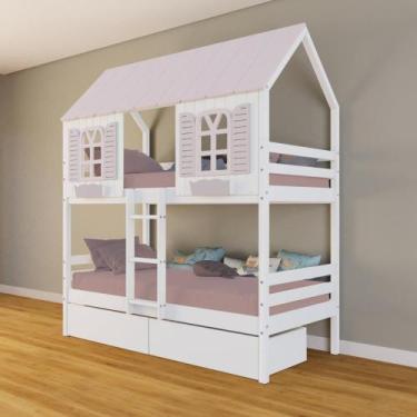 Imagem de Beliche Casinha Bela com 2 Gavetas - Madeira Maciça Branco/Rosa  Housi