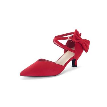 Imagem de Coutgo Sapato social feminino de salto baixo com laço e salto baixo, bico fino, tira no tornozelo, elegante para festa de casamento, Vermelho, 37