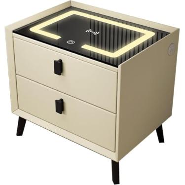 Imagem de Mesa De Cabeceira Inteligente, Mesa De Cabeceira Multifuncional Com Luzes Led E Estação De Carregamento Sem Fio, Mesa De Cabeceira Com 2 Gavetas, Mesa De Cabeceira Peque, Beige+black, L-40cm