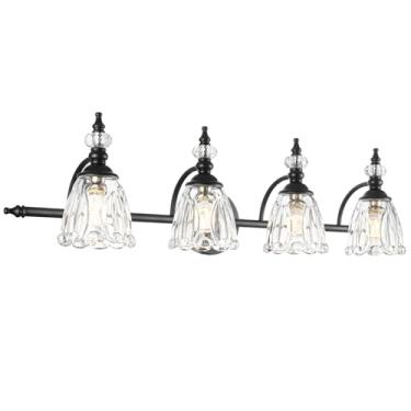 Imagem de Ditoon Luminária para banheiro, 4 luminárias pretas foscas, luminária de penteadeira antiga com sombra de vidro de flor, luminária de banheiro sobre espelho, arandelas de parede para corredor