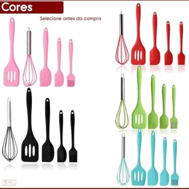 Imagem de Kit 5 Utensílios de Cozinha de Silicone Premium Antiaderente Resistente Ao Calor Com Espátula, Fouet, Pinceis, Fue Em Inox, Não Descasca, Livre BPA – Material Durável e Fácil de Limpar Cores Variaveis