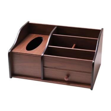 Imagem de Fenteer Organizador de mesa de madeira com gaveta, caixa de lenços, acessórios de mesa versáteis, vários compartimentos, organizador de mesa, porta-canetas