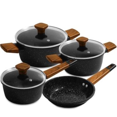 Imagem de Conjunto de Panelas Antiaderente, 4 Peças, Preto com Alças em Madeira, Tampa de Vidro