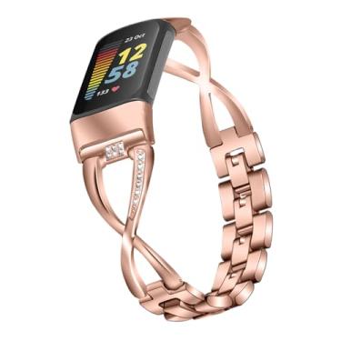 Imagem de Feigand Pulseiras femininas brilhantes compatíveis com Fitbit Charge 6/Charge 5, pulseiras de metal brilhante luxuosas com strass (ouro rosa)