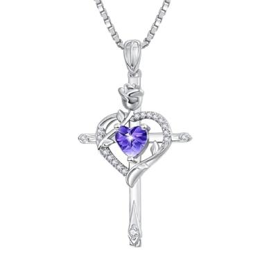Imagem de CupidGift Colar de cruz para mulheres, banhado a ouro 14 K, banhado a ouro 18K, delicado coração, pedra do mês de nascimento, rosa, joias diárias, batismo, fé, aniversário, Natal, presentes de