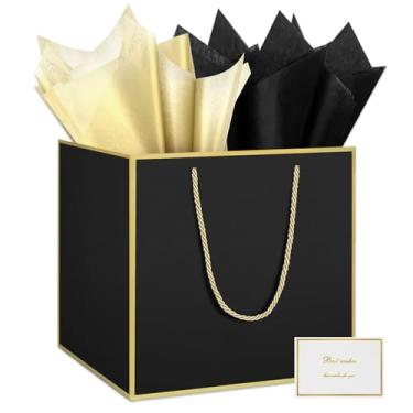 Imagem de HONTIUS Bolsa de presente preta extra grande de 29 cm, bolsa de presente quadrada gigante preta GG com papel de seda e cartão para presentes de aniversário de casamento, presentes de Natal