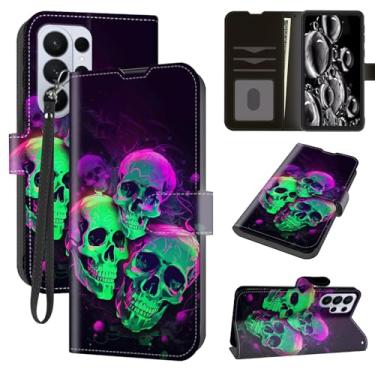 Imagem de ACWDMKH Capa para Samsung Galaxy S26 Ultra com compartimentos para cartões, alça de pulso e suporte, capa protetora magnética à prova de choque resistente à prova de impacto, caveira roxa verde