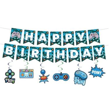 Imagem de Faixa de Feliz Aniversário de Videogame + 6 Enfeites Espirais - Decoração de Festa de Jogos para Aniversários