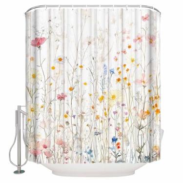 Imagem de Cortina de chuveiro de flores silvestres coloridas, cortinas de chuveiro vintage florais botânicas laváveis para banheiras, cortina de banho pastoral impermeável de secagem rápida com ganchos e ilhós