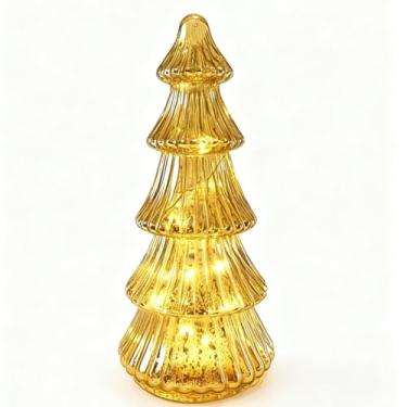 Imagem de Árvores de Natal de vidro mercúrio com luzes LED e temporizador, 21 cm de vidro dourado e vermelho, mesa de centro de mesa para decoração de casa de férias (ouro-B)