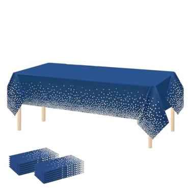 Imagem de Toalha de mesa azul marinho para mesa retangular, toalhas de mesa de 137 × 274 cm com estampa de pontos, capas de mesa descartáveis de festa azul escuro com bolinhas douradas para piqueniques