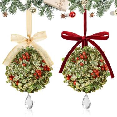 Imagem de 2 peças de decoração de visco de Natal artificial enfeite de cristal pendurado bola de beijo com laço de baga para porta de casa, árvore de Natal, amizade, festa, feriado, arco, decoração de teto