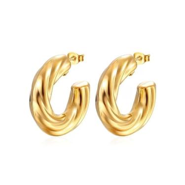 Imagem de Brincos de argola em C redondos e chiques exclusivos para mulheres, espesso, hipoalergênico, banhado a ouro 18 K, simples, leve, moderno, joias delicadas, festa de formatura para ela, Medium, Metal