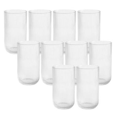 Imagem de Jogo 10 Copo de Vidro Alto para Água Suco Lines Transparente 430ml Wol