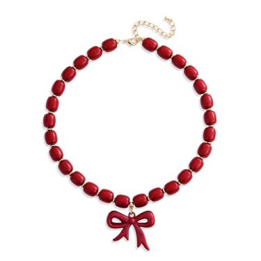 Imagem de FILMOON Colar de gargantilha grossa com contas vermelhas para mulheres, colar com pingente de laço de acrílico, presente de aniversário e Natal