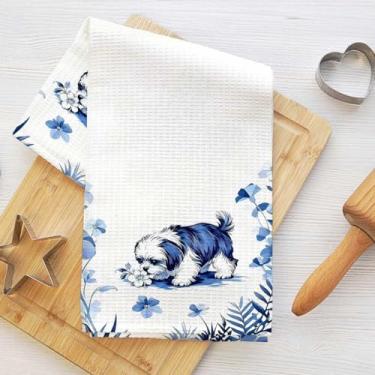 Imagem de Toalhas de cozinha divertidas Shih Tzu, arte floral azul e branca absorvente de cachorro pano de prato decorativo toalha de chá, toalhas de mão waffle para cozinha, casa de banho, presentes para