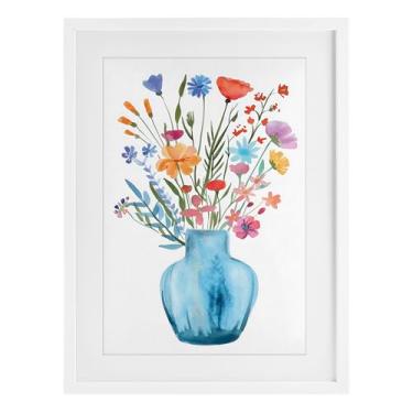 Imagem de Stupell Industries Vaso aquarela azul buquê cinza impressão emoldurada sob vidro, design por LSR Design Studio, 23 x 17