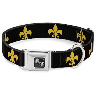 Imagem de Coleira de cachorro fivela de cinto de segurança Fleur De Lis preto amarelo 38 a 66 cm 2,5 cm de largura