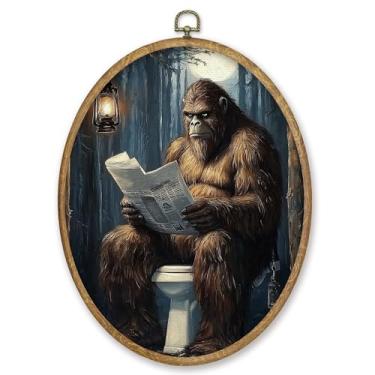 Imagem de CGBHW Decoração de parede oval de banheiro orangotango engraçada, impressão de macaco lendo jornal em tela de vaso sanitário emoldurada, decoração de parede escura para decoração de casa, quarto, sala