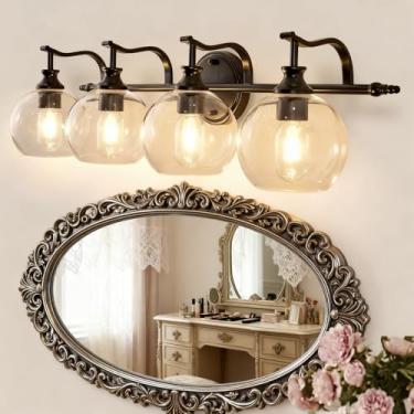 Imagem de ANDY STAR Luminária De Banheiro Com 4 Luzes, Preto Fosco, Cúpula Vidro Transparente, Parede Industrial 27,8", Base E26, Lâmpadas Não Incluídas