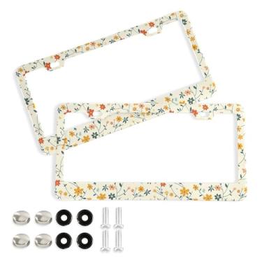 Imagem de SEHANY Molduras de placa de licença de flores florais coloridas, capas de moldura de placa de carro de alumínio à prova de ferrugem com orifícios elípticos e parafusos serve para veículos padrão dos