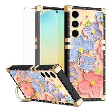 Imagem de Asuwish Capa de celular para Samsung Galaxy S24 FE 5G capa magnética com protetor de tela de vidro temperado e anel protetor de flor de pintura suporte rígido S 24 EF AI S24FE 24S 24FE mulheres
