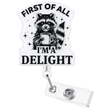 Imagem de First of All, I'm a Delight Carretel de crachá de enfermeira de guaxinim de café, bonito porta-crachá retrátil para crachá de identificação, crachá médico amigo para RN LPN CNA MA Enfermagem Estudante