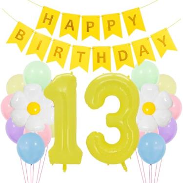 Imagem de Balões de decoração de aniversário de 13 anos amarelos menino feliz 13 festa de aniversário kit guirlanda suprimentos de 13º aniversário com número macaamarelo 13 balões de alumínio amarelo 13 anos de